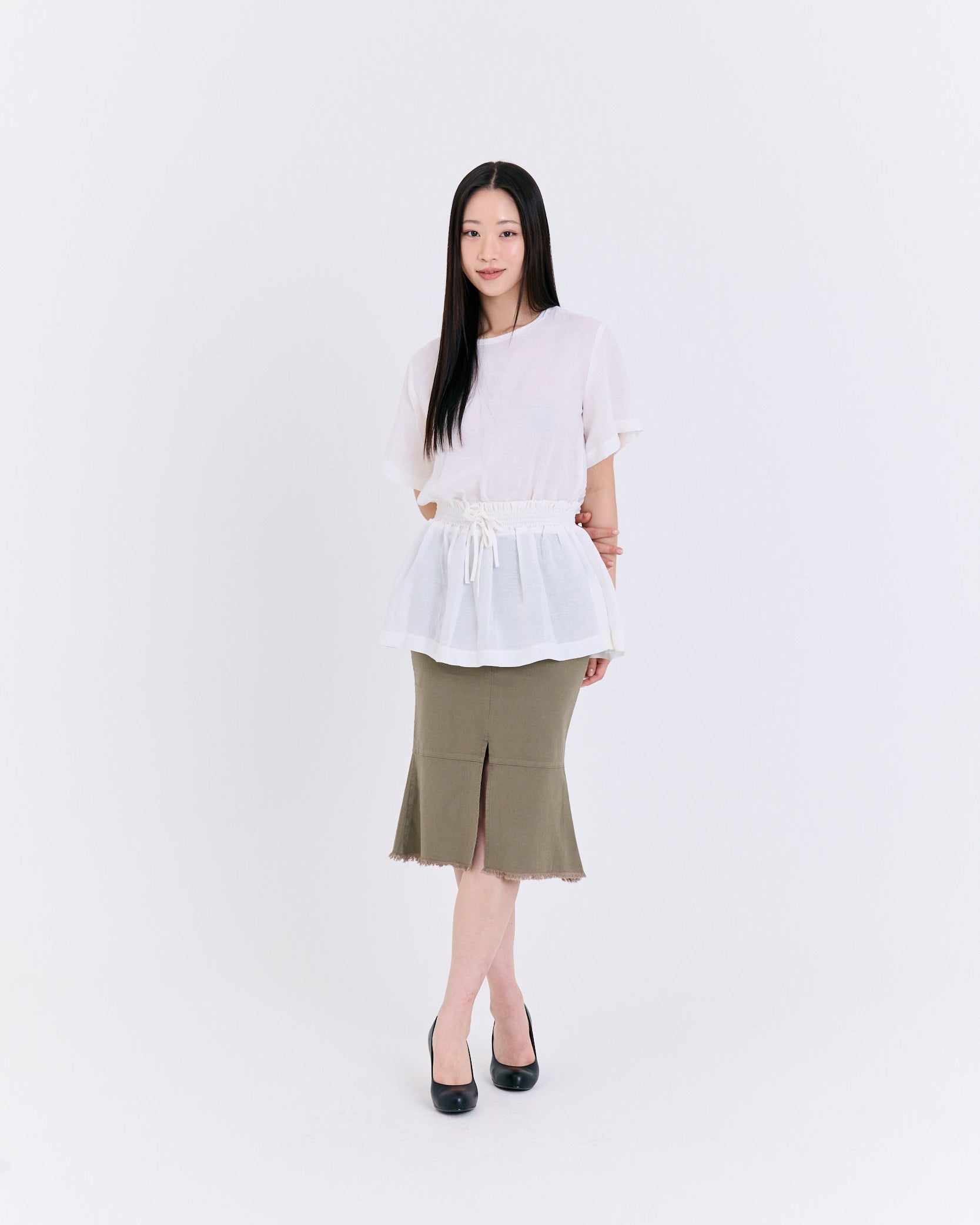 Airy Peplum Drawstring Top (White)