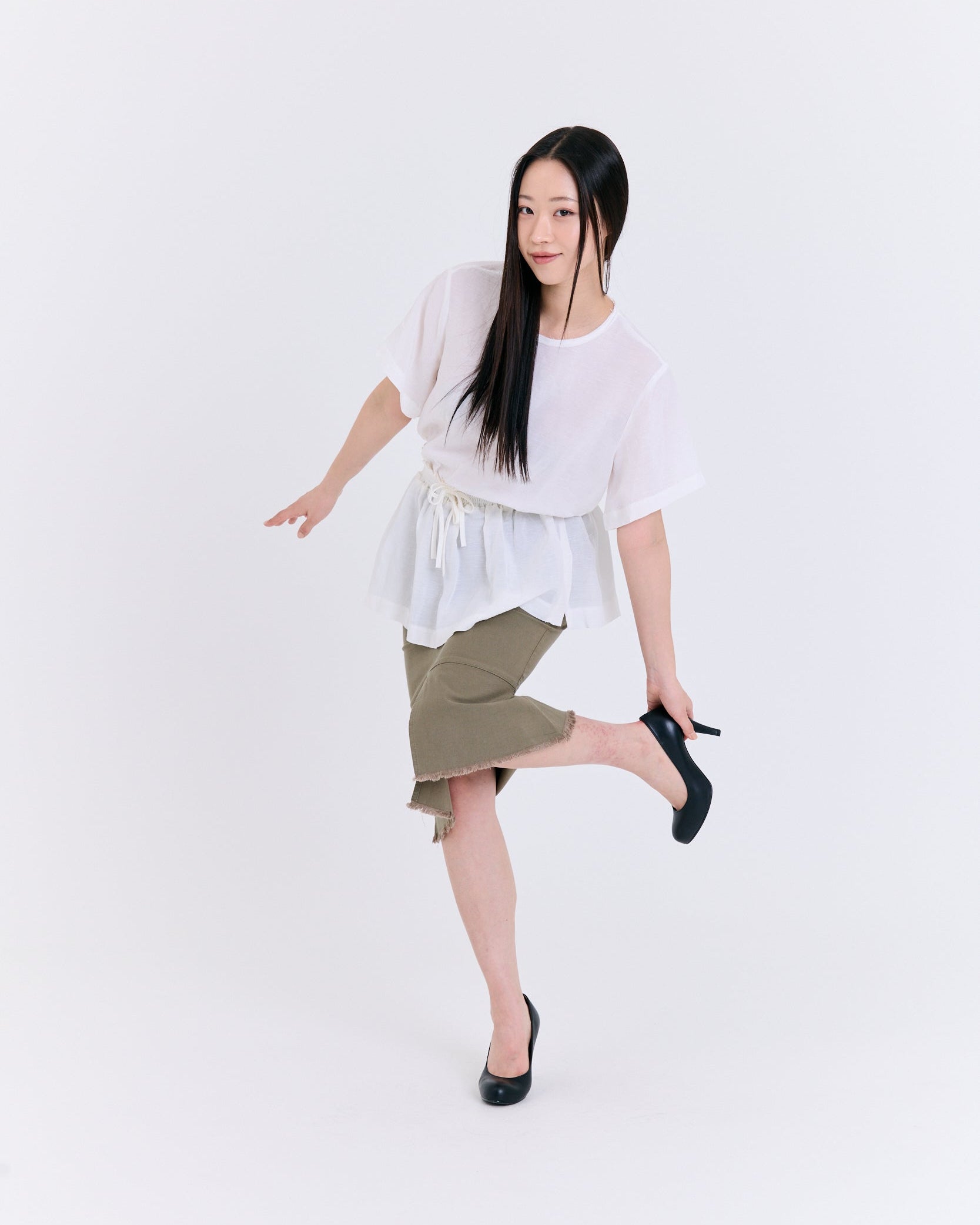 Raw-Edge Slit Mermaid Skirt (Olive)