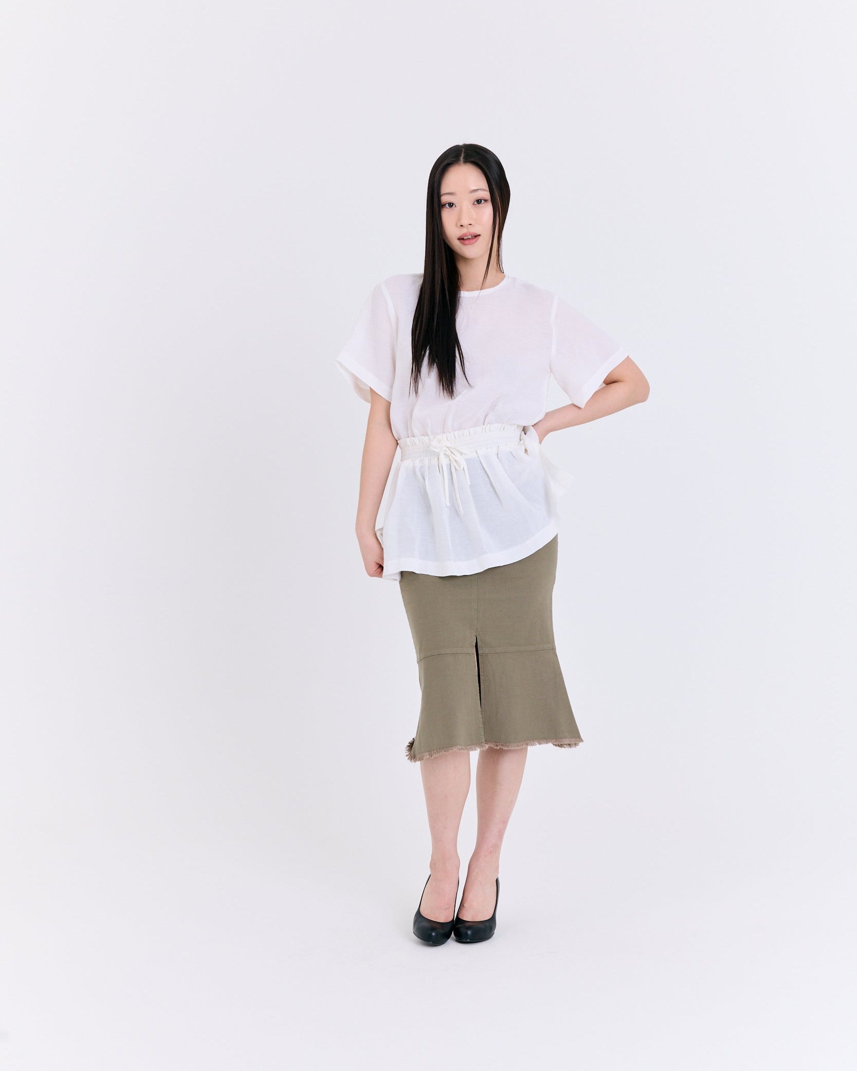 Airy Peplum Drawstring Top (White)