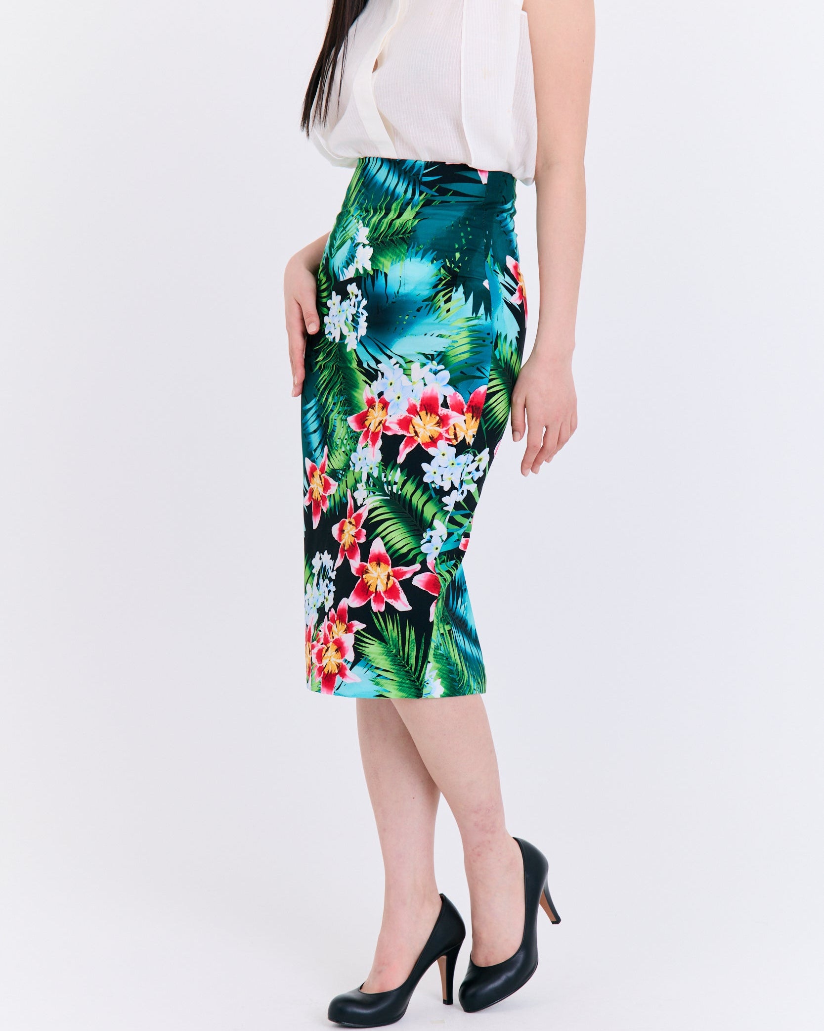 Tropical Emerald Floral Pencil Skirt