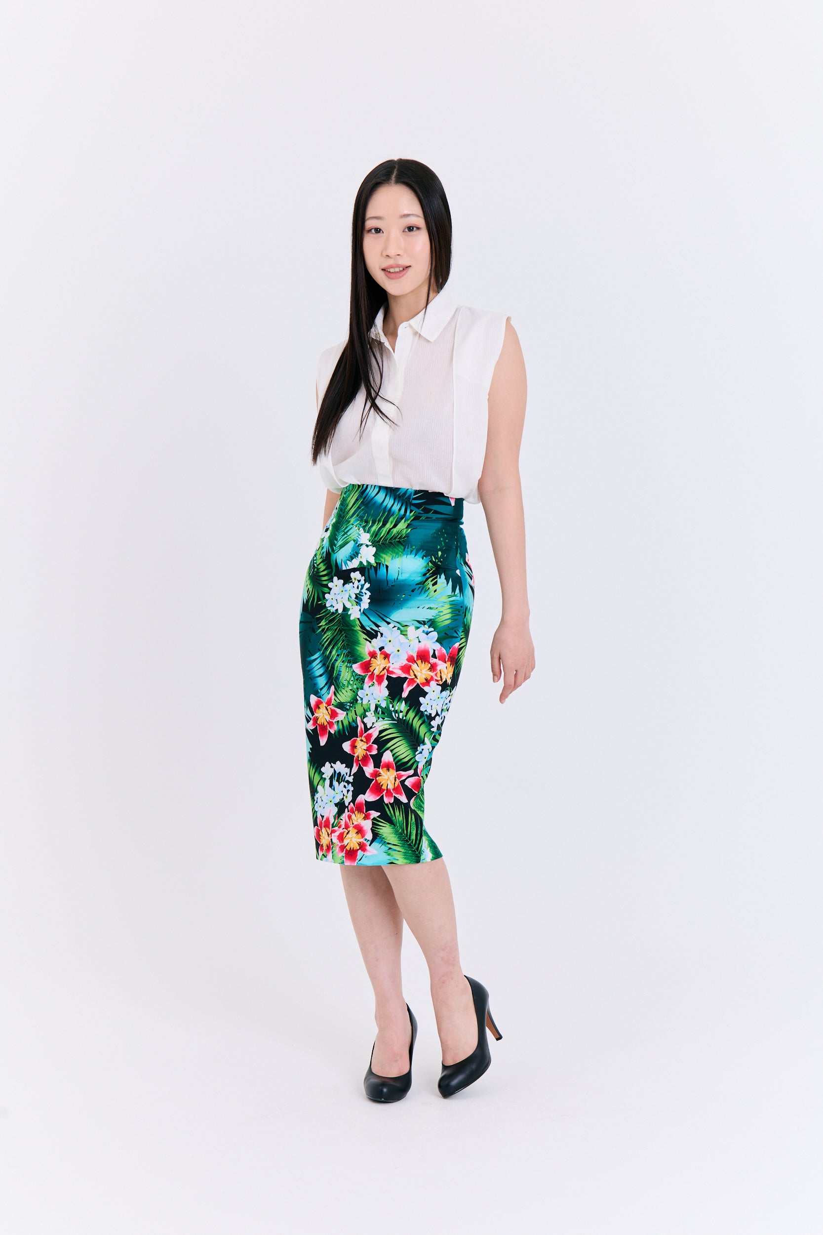 Tropical Emerald Floral Pencil Skirt