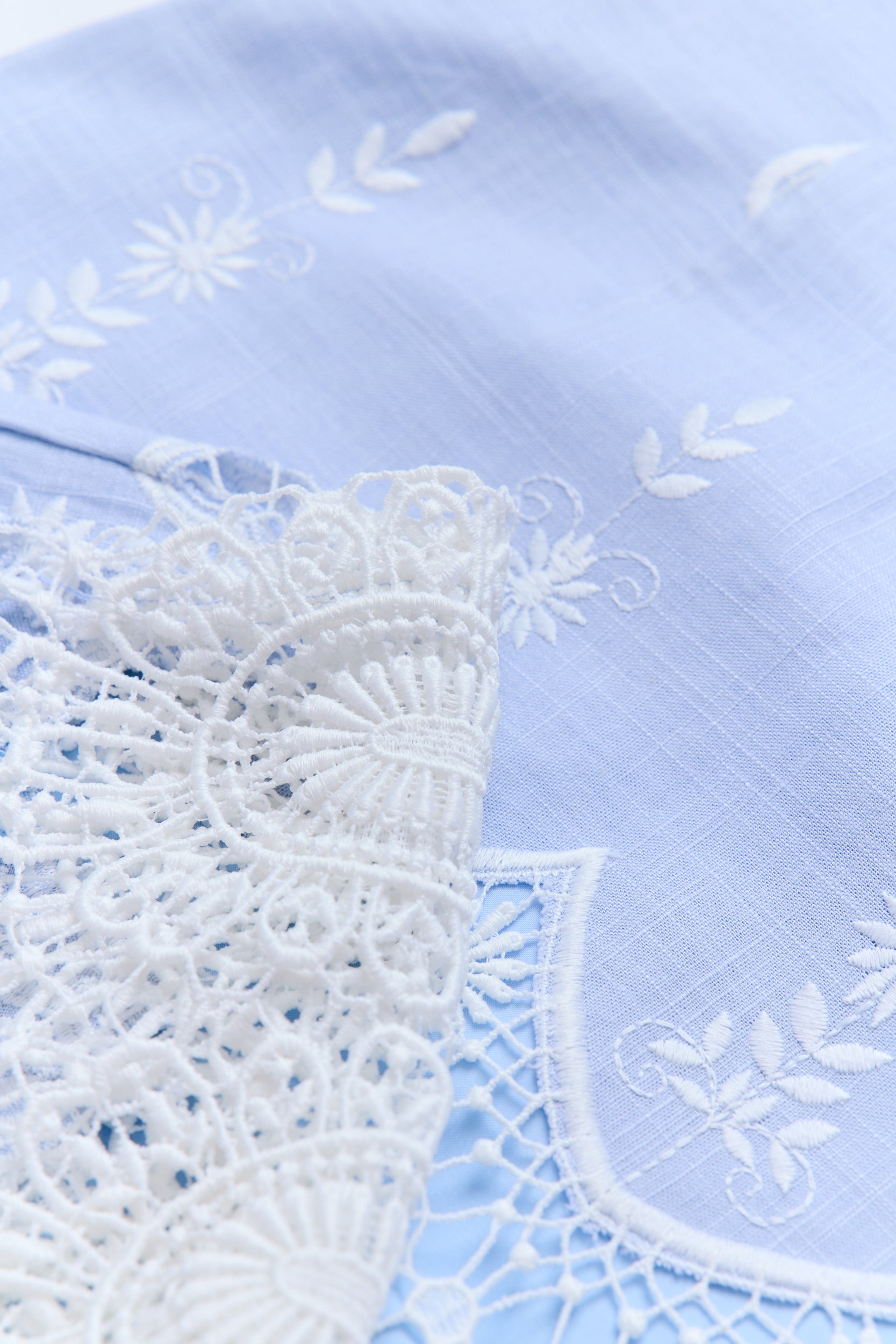 Close-up of a light blue fabric with white lace and floral embroidery