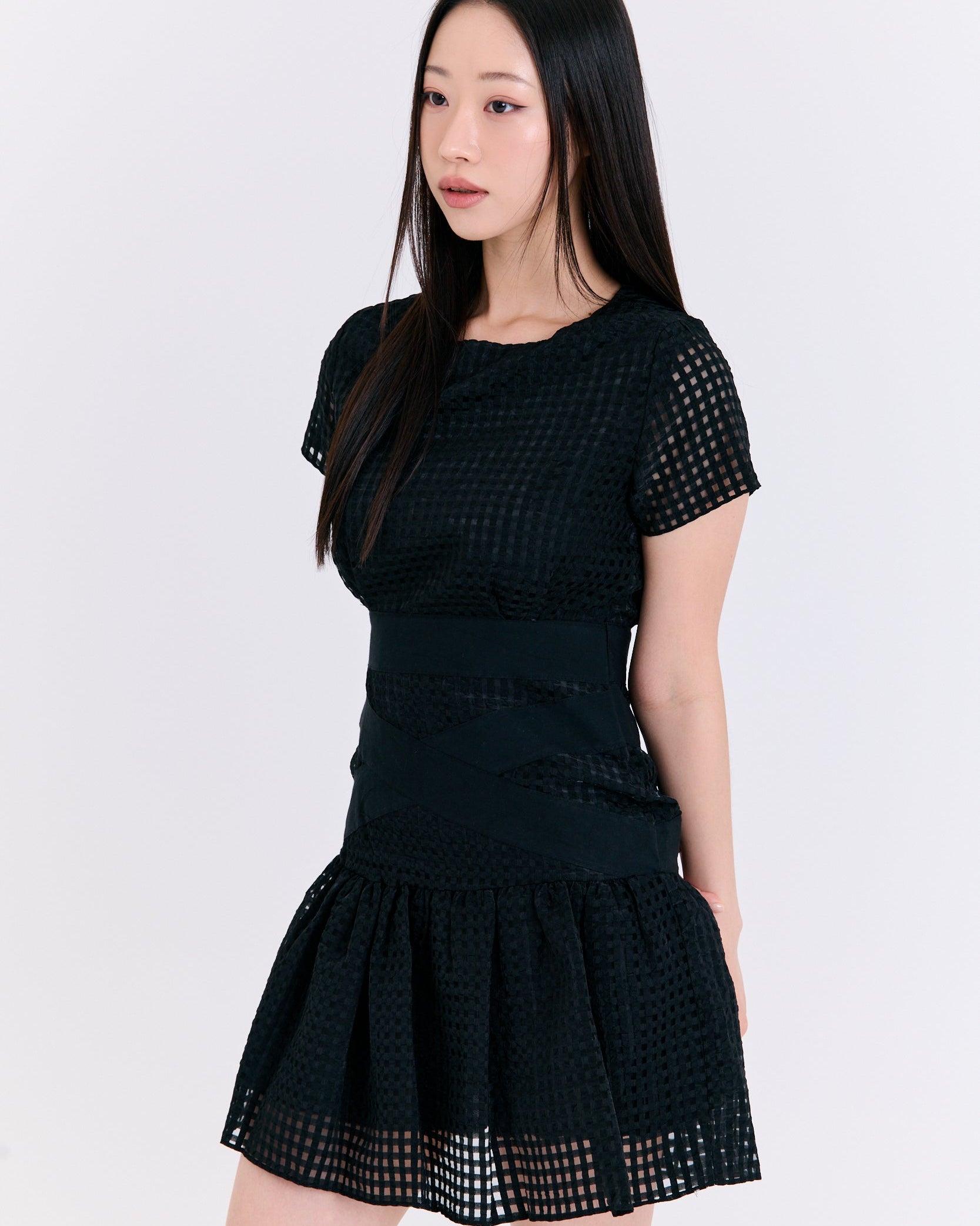 Black Mesh Texture Tiered Mini Dress (Black)