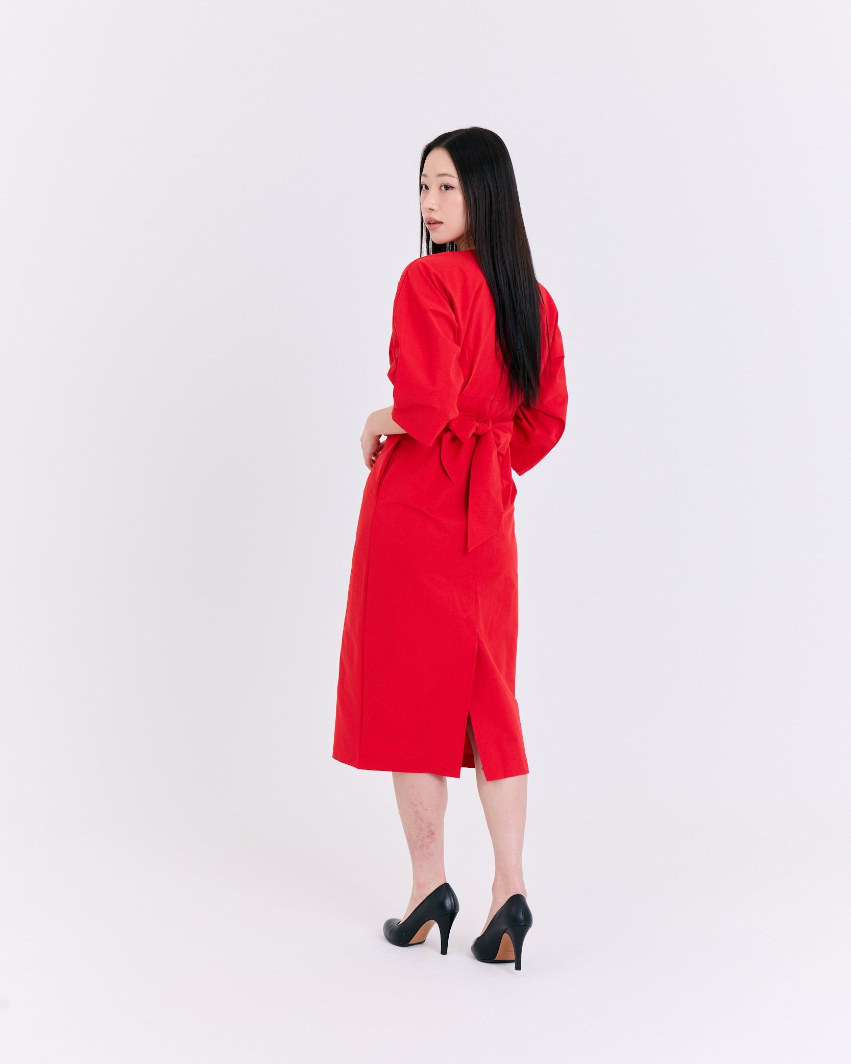 Radiant Red Structured Lantern-Sleeve Dress (Red)