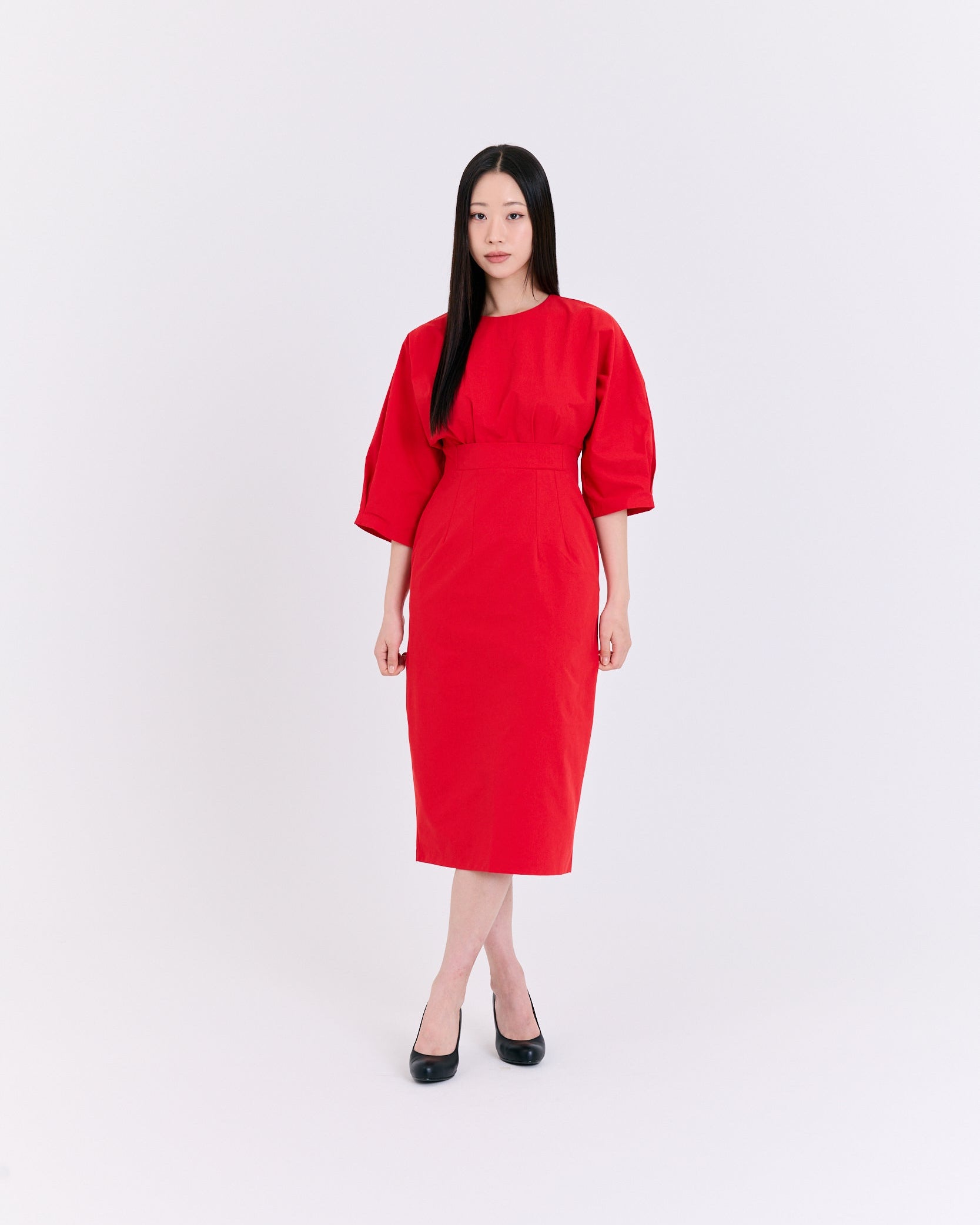 Radiant Red Structured Lantern-Sleeve Dress (Red)