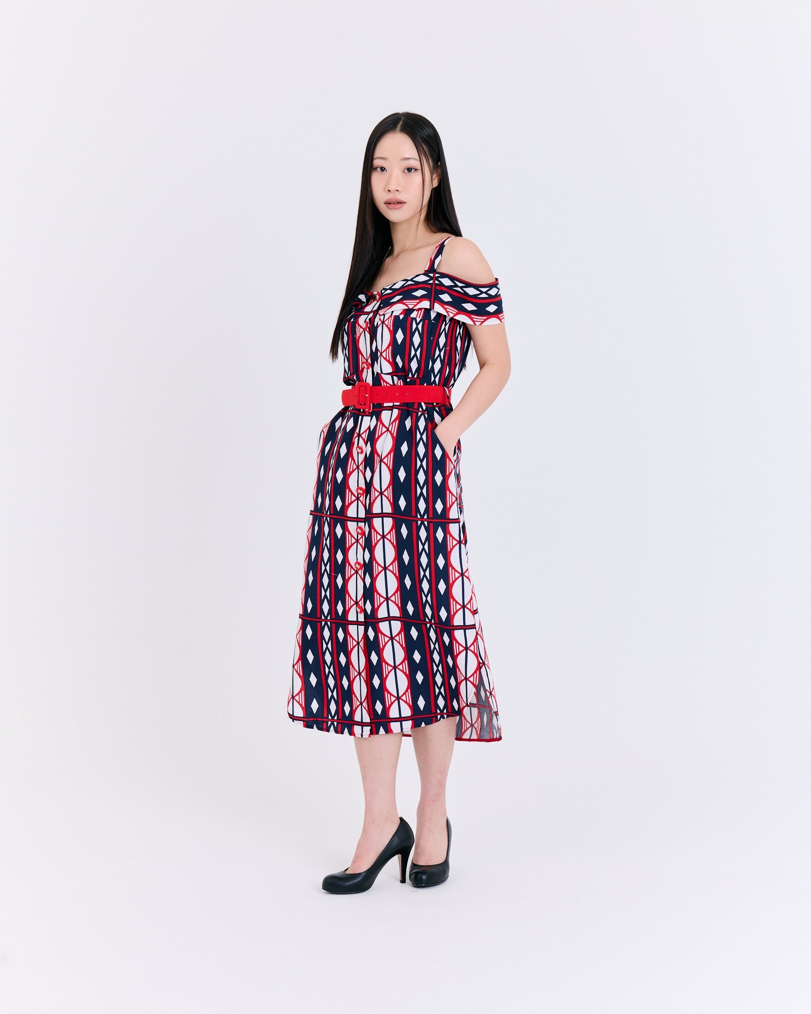 Geometric Red Belt Cold-Shoulder Dress