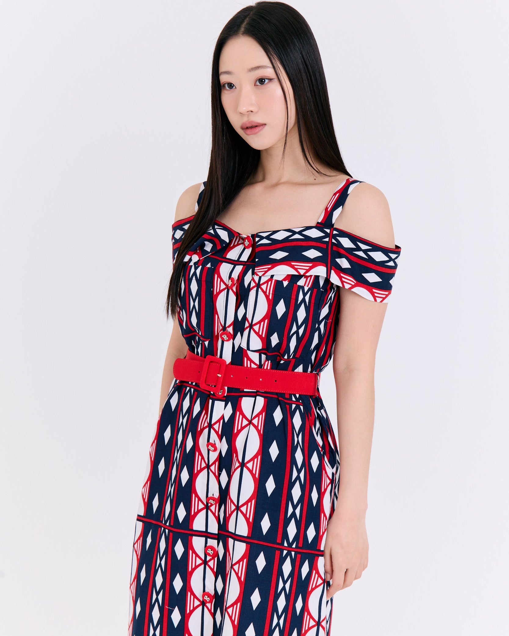 Geometric Red Belt Cold-Shoulder Dress