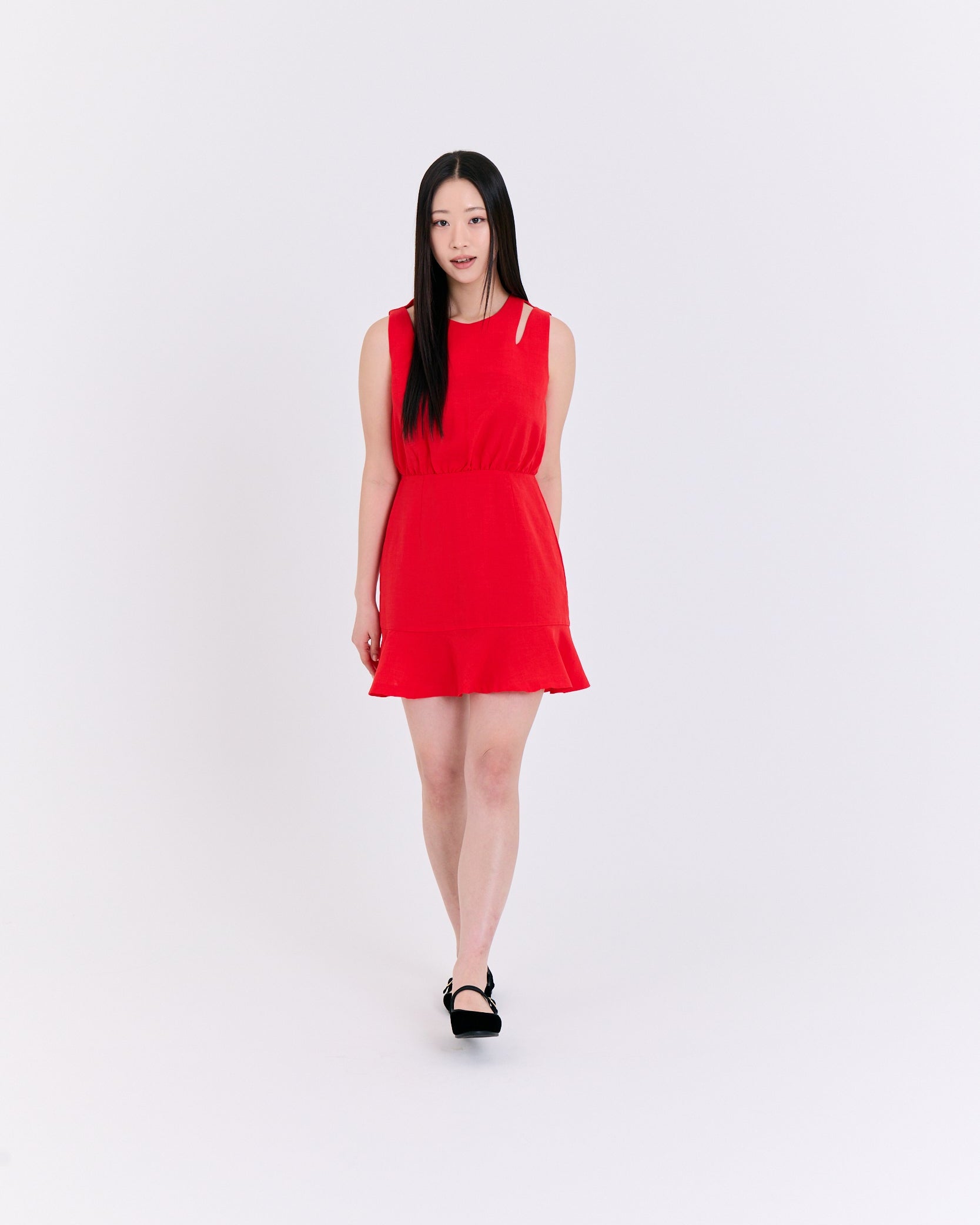Scarlet Shoulder Cutout Flounce Dress (Scarlet Red)